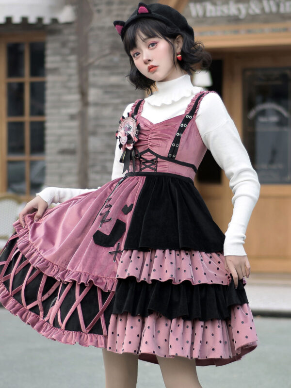 Sweet Lolita JSK Dress Watermelon Red Polyester Sleeveless Polka Dot Nets Tiered Lolita Jumper Skirts