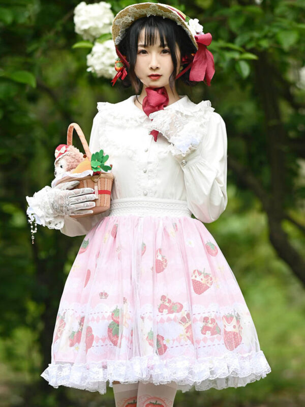 Sweet Lolita SK Fruit Floral Pattern Pink Tiered Lace Lolita Skirts