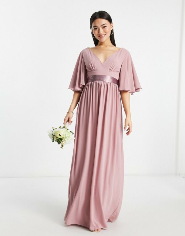 TFNC Bridesmaid kimono sleeve pleated maxi dress with angel sleeve in lavender-Purple