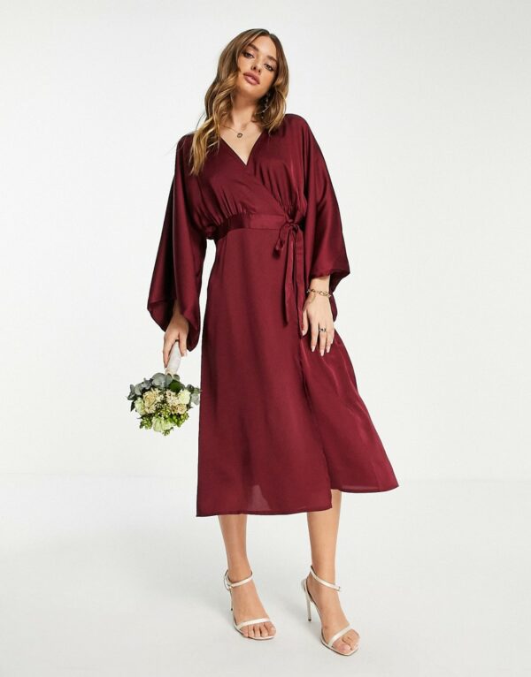 TFNC Bridesmaid kimono sleeve satin wrap midi dress in berry-Pink