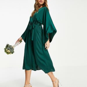 TFNC Bridesmaid kimono sleeve satin wrap midi dress in emerald green