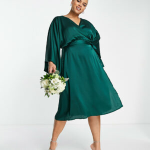 TFNC Plus Bridesmaid kimono sleeve satin wrap midi dress in emerald green