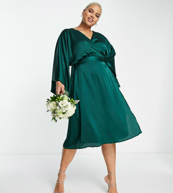 TFNC Plus Bridesmaid kimono sleeve satin wrap midi dress in emerald green