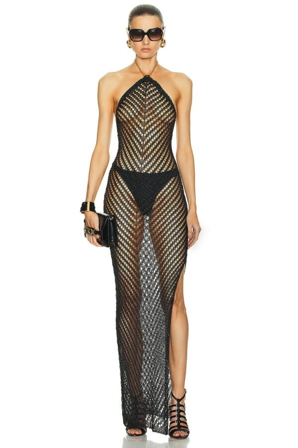 TOM FORD Pointelle Halterneck Evening Dress in Black - Black. Size L (also in M).