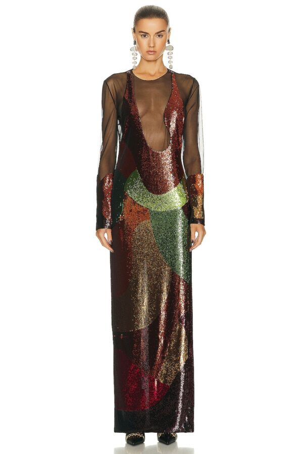 TOM FORD Sequins Anatomical Long Sleeve Evening Dress in Black & Multi - Multi. Size 36 (also in 38).