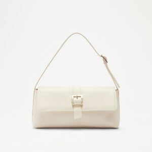 TROPHY Women's White Leather Embellished Buckle Shoulder Bag