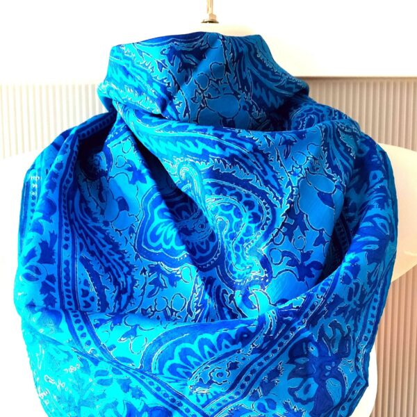 Teal Blue Silk Scarf India Handwoven Square Scarf Floral Oriental Paisley Design Blouse Dress Shirt Jeans Accessories Best Mothers Day Gifts