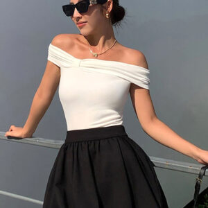 Tee Off The Shoulder Pleated Solid Color Sexy Casual Top