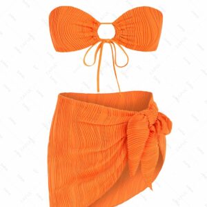 Textured Multiway Bandeau Bikini Set With Sarong Skirt Orange