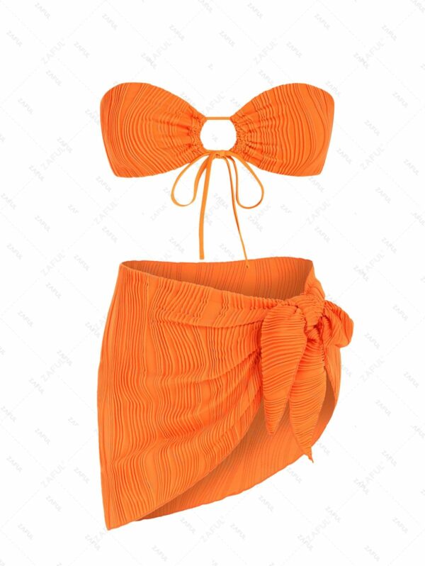 Textured Multiway Bandeau Bikini Set With Sarong Skirt Orange