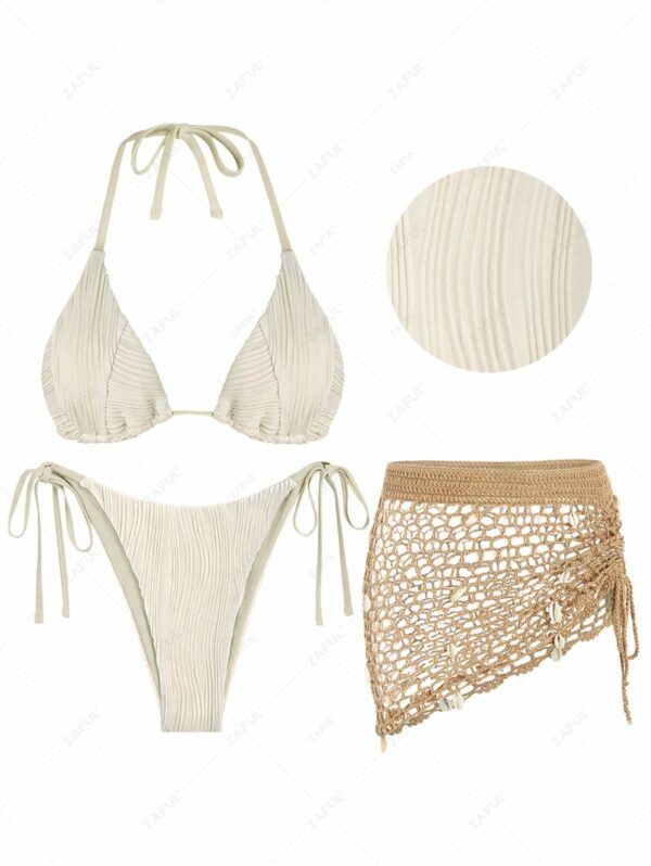 Textured Tie Side Tanga Bikini Set With Shell Crochet Beach Skirt Light coffee