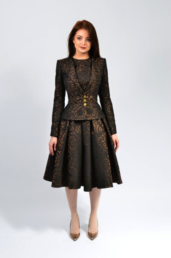 Three Piece Brocade Suit For Women, Pleated Skirt, Long Sleeves Blazer, Sleeveless Top | Marisa-Bianca-Patricia