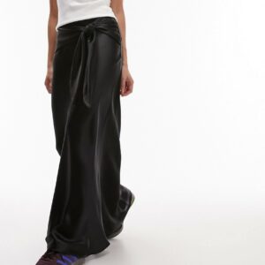 Topshop Tie Front Circle Satin skirt in black