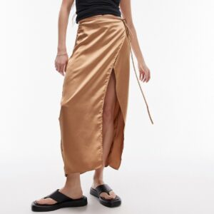 Topshop co-ord satin wrap midi skirt in camel-Neutral