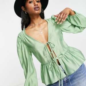 Topshop tie front blouse top in green