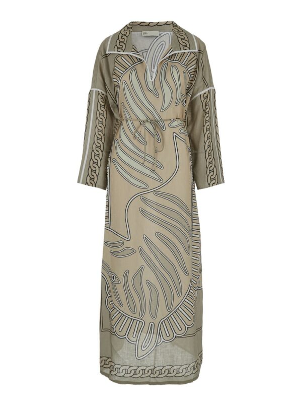 Tory Burch Beige Kaftan Dress With All-over Print In Linen Woman