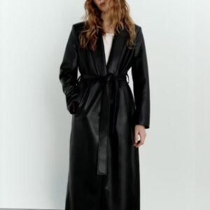 Trench Coat For Woman Fashion PU Leather Turndown Collar Sash Long Sleeves