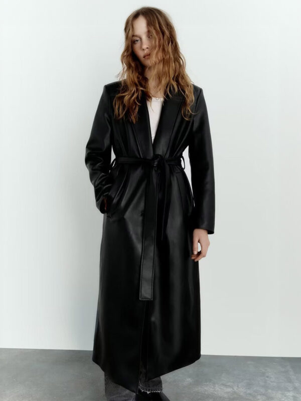 Trench Coat For Woman Fashion PU Leather Turndown Collar Sash Long Sleeves