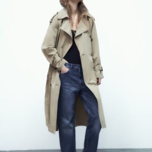 Trench Coat For Women Khaki Turndown Collar Long Sleeves Outerwear