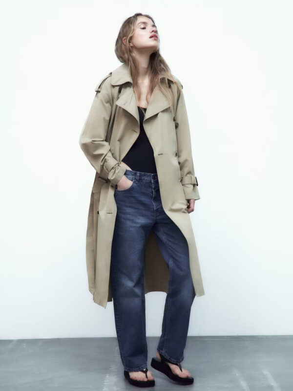 Trench Coat For Women Khaki Turndown Collar Long Sleeves Outerwear