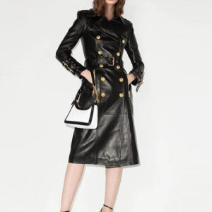 Trench Coat Notched Lapel Double Breast Belted PU Leather Outerwear