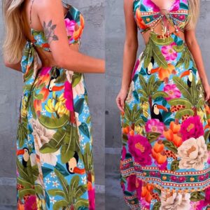 Tropical Print Backless Hollow Out Dress