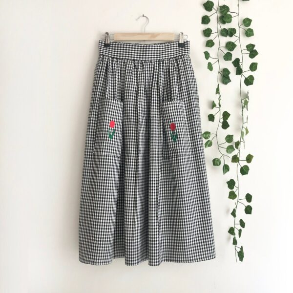 Tulip Embroidered Cotton Gingham Midi Skirt, Flared Skirt, 1950 Full Skirt