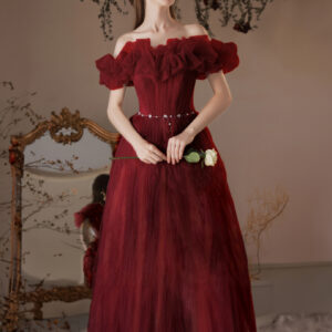 Tulle Prom Dresses Burgundy Off-Shoulder Semi Formal Long Dress