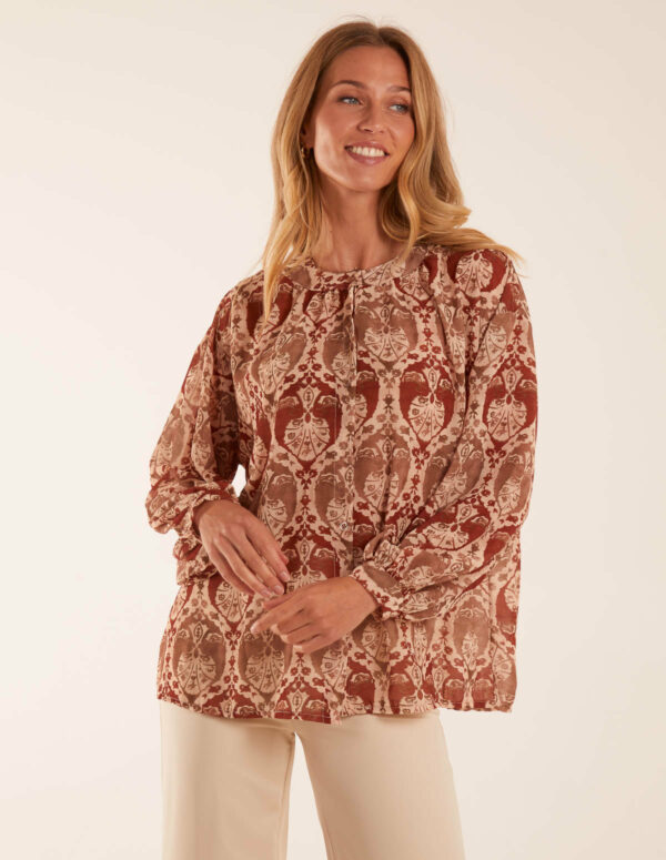 Twist Hem Print Blouse - ONE / BEIGE