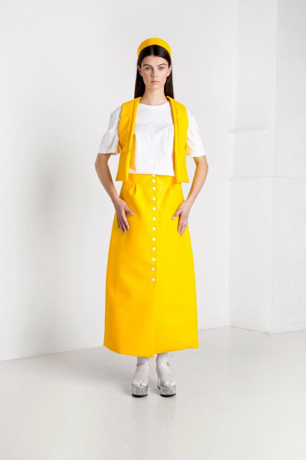 Two Pieces Outfit - Yellow Blszer - Vegan Leather Blazer - Minimalist Skirt - Vest - Handmade Pieces - Fashion Look - Ready To Wear