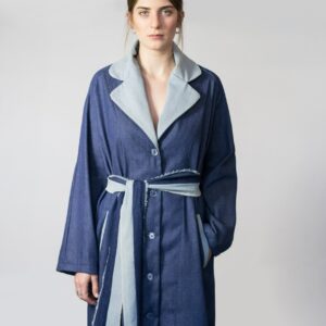 Two-Tone Blue Trench Coat, Button Down Denim Women Winter Coat