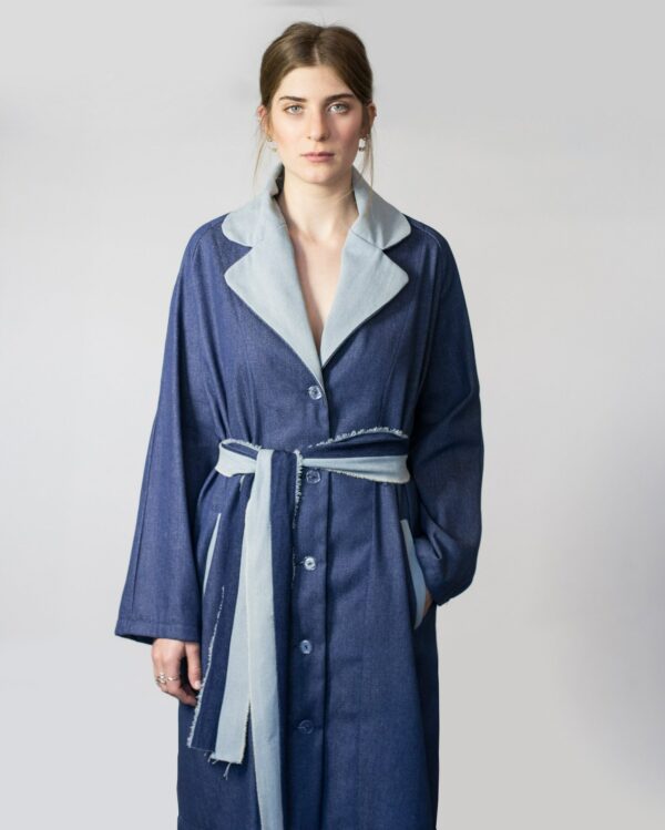 Two-Tone Blue Trench Coat, Button Down Denim Women Winter Coat