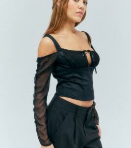 UO Black Mesh Corset Blouse - Black XL at Urban Outfitters