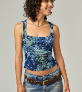 UO Elora Floral Mesh Top - Blue XL at Urban Outfitters