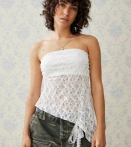 UO Indie Lace Asymmetric Bandeau Top - White XL at Urban Outfitters