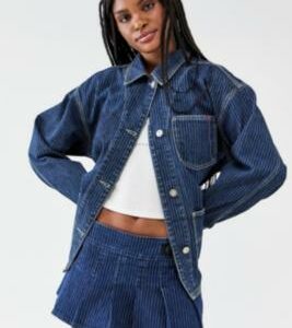 UO Pinstripe Denim Pleated Mini Skirt - Blue XL at Urban Outfitters