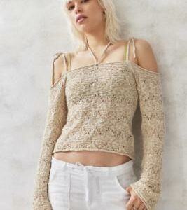 UO Pointelle Cold Shoulder Tie Knit Top - Cream XL at Urban Outfitters