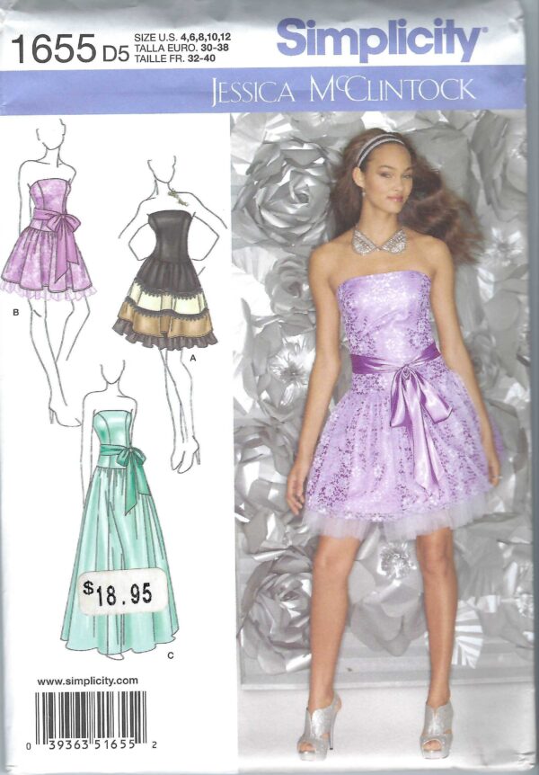 Uncut Simplicity Sewing Pattern 1655 Jessica Strapless Party Dress Flared Skirt Net Tulle Ruffle Mini Knee Maxi Size 4 6 8 10 12 14-22 Ff