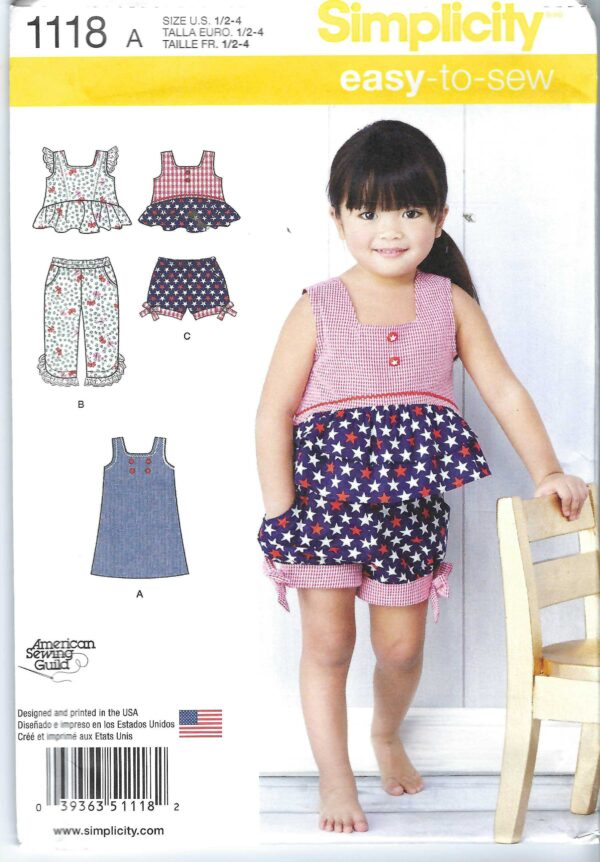 Uncut Simplicity Sewing Pattern 408 1118 Easy To Sew Toddlers Dress, Top, Cropped Pants, Shorts Sizes 1/2, 1, 2, 3, 4 Ff