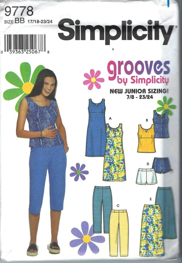 Uncut Simplicity Sewing Pattern 9778 Juniors' Dress Or Top, Cropped Pants Shorts & Skirt Size 7/8-15/16 17/18 23/24 Ff