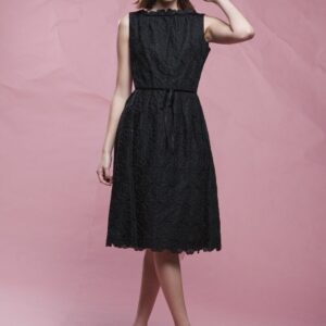 Unworn 50S Dress, Little Black Eyelet Floral Embroidery, Cotton Sleeveless Crinoline Pleated Vintage Small S