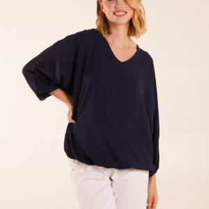 V Neck Puff Sleeve Blouse - ONE / NAVY