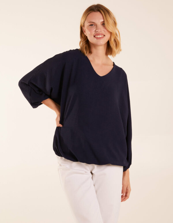 V Neck Puff Sleeve Blouse - ONE / NAVY