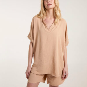 V-Neck Short Sleeve Blouse - ONE / Camel