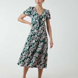 V Neck Trapeze Dress With Chanelled Bust - 10 / GREEN PATTERN