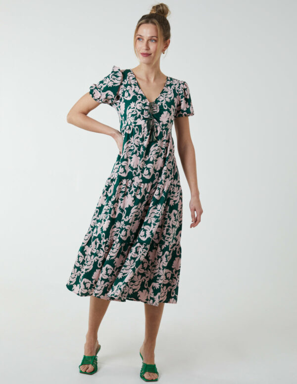 V Neck Trapeze Dress With Chanelled Bust - 10 / GREEN PATTERN