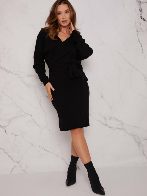 V Neck Wrap Jumper Dress in Black - L