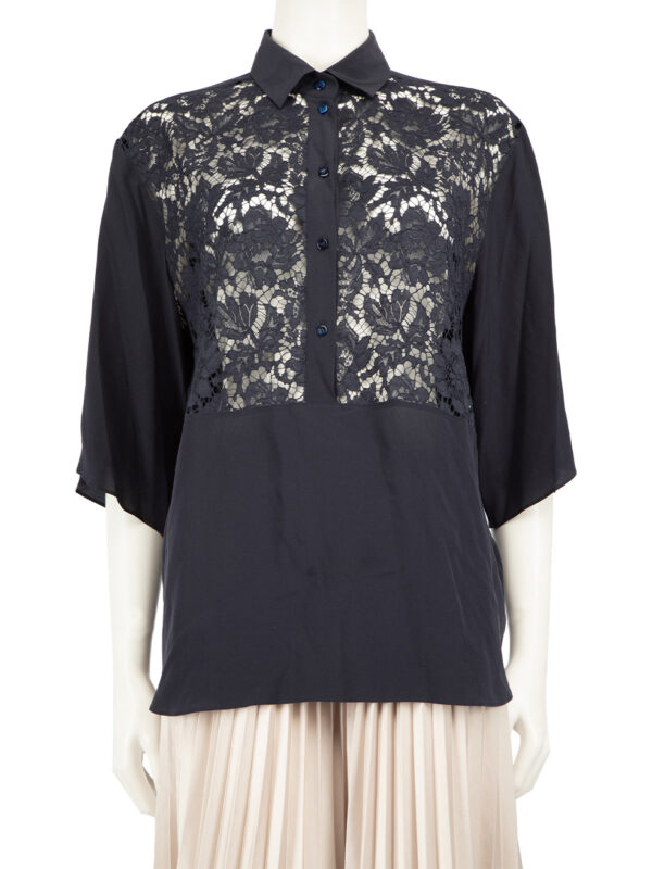 Valentino Garavani Navy Silk Lace Panelled Blouse