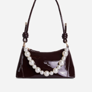 Valley Pearl Detail Knotted Strap Shoulder Bag In Brown Patent,, Brown