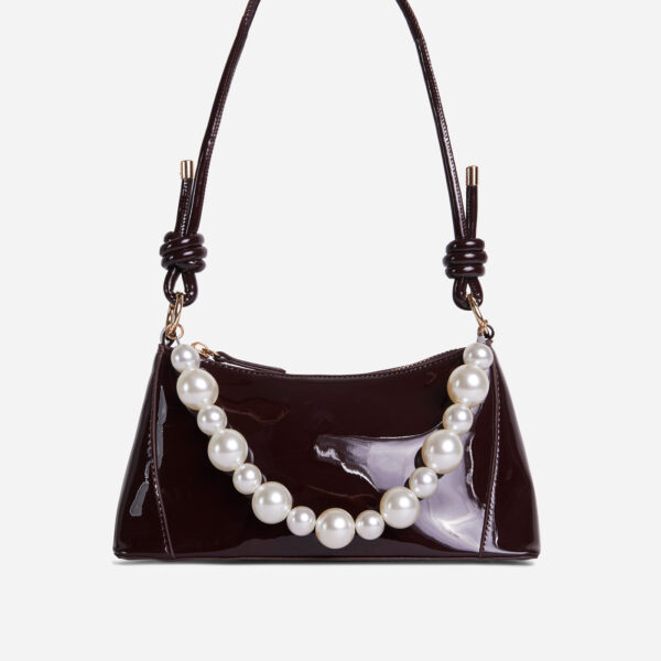 Valley Pearl Detail Knotted Strap Shoulder Bag In Brown Patent,, Brown